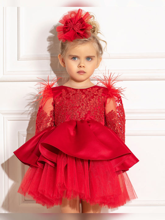 Elegant red mini dress for girls, Christmas lace and feather dress