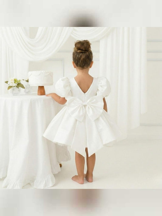White Satin Ballonn Girl Dress - Mikado
