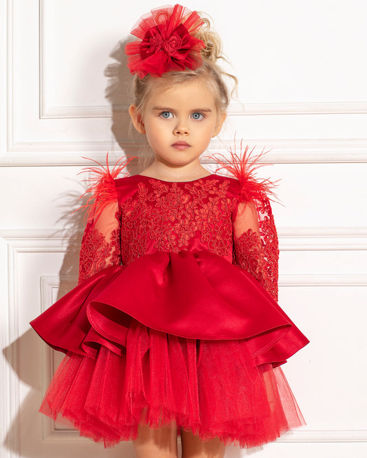 Elegant red mini dress for girls, Christmas lace and feather dress