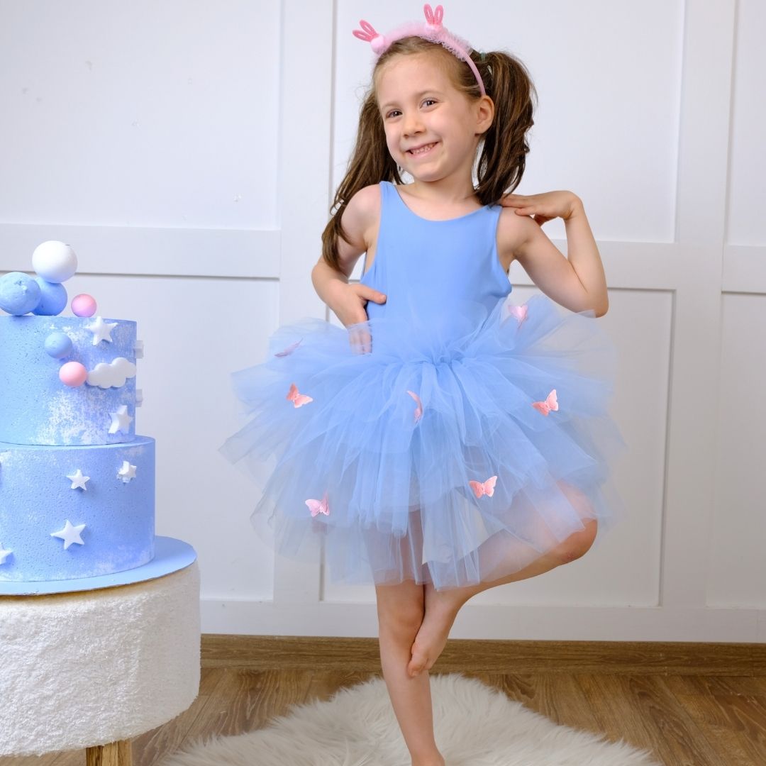 Butterfly detailed sky blue ballerina tutu Baby Girl Dress for Special Occasion