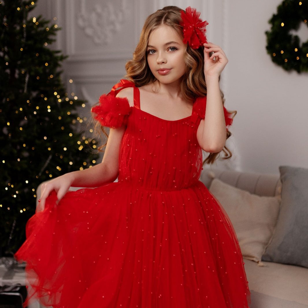 Elegant mini off-shoulder red pearl dress for girls, perfect for Christmas parties and holiday gatherings. Baby Girl Dress for Special Occasion