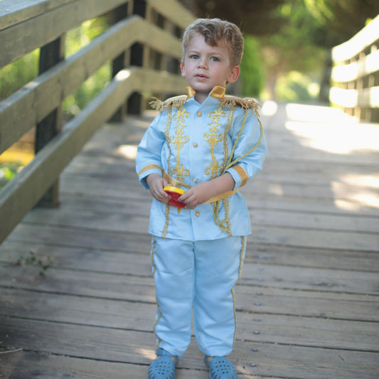 Prince Charming sky blue costume for boys, featuring a light blue jacket with gold detailing and matching pants. Ideal for costume parties or dress-up events, this outfit offers a classic fairytale look with a soft, elegant touch. Baby Girl Dress