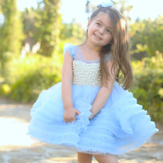 Sky blue girl dress with ruffle and corset  pearl accents, perfect for special occasions Baby Girl Dress