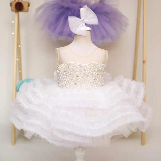 Ana white ruffle pearl dress Baby Girl Dress