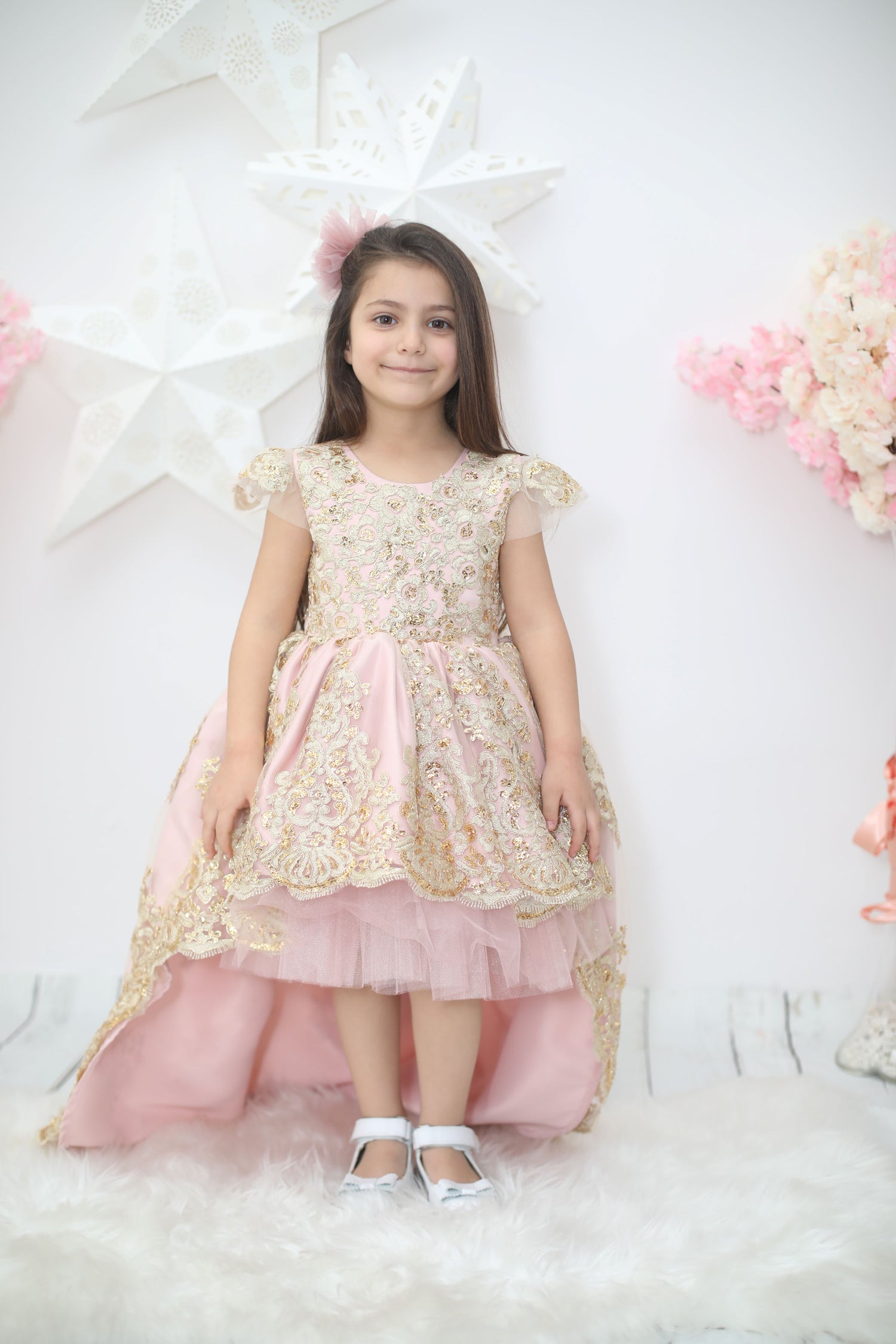 Elegant blush golden lace dress for girls, made with cotton, tulle, and satin, perfect for a refined children's couture look at special events. Baby Girl Dress