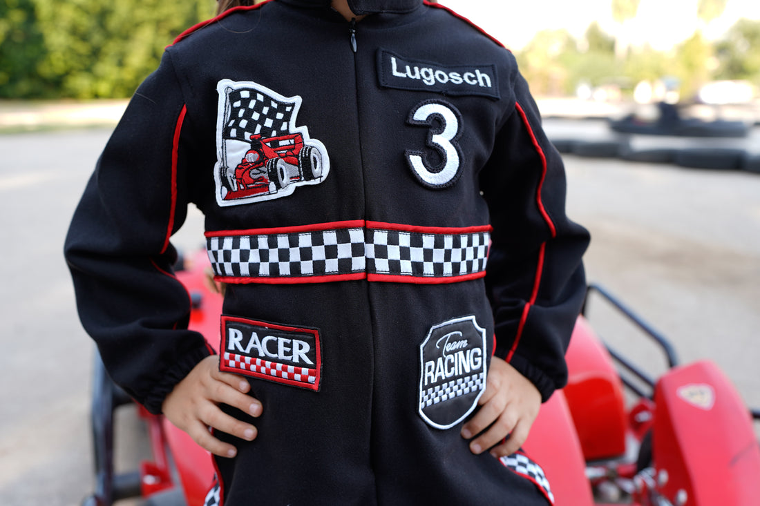 Kids Racing Jumpsuit Costume with Cap and Medal – Go Kart Driver Outfit for Boys and Girls – Birthday Photoshoot Outfit – Halloween Racer Costume Baby Girl Dress for Special Occasion