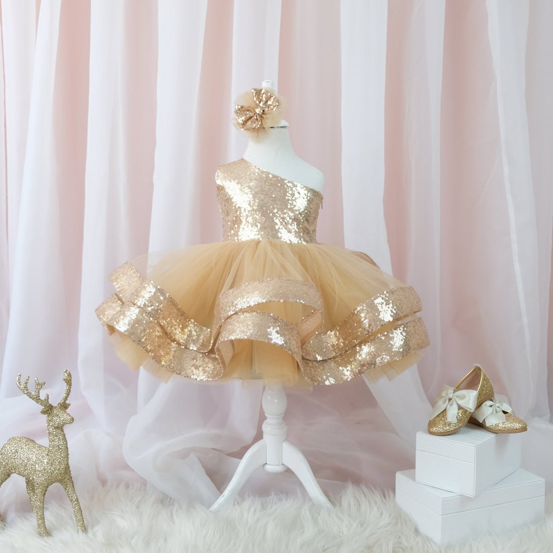 Maggy Christmas girl dress gold sequin Baby Girl Dress for Special Occasion