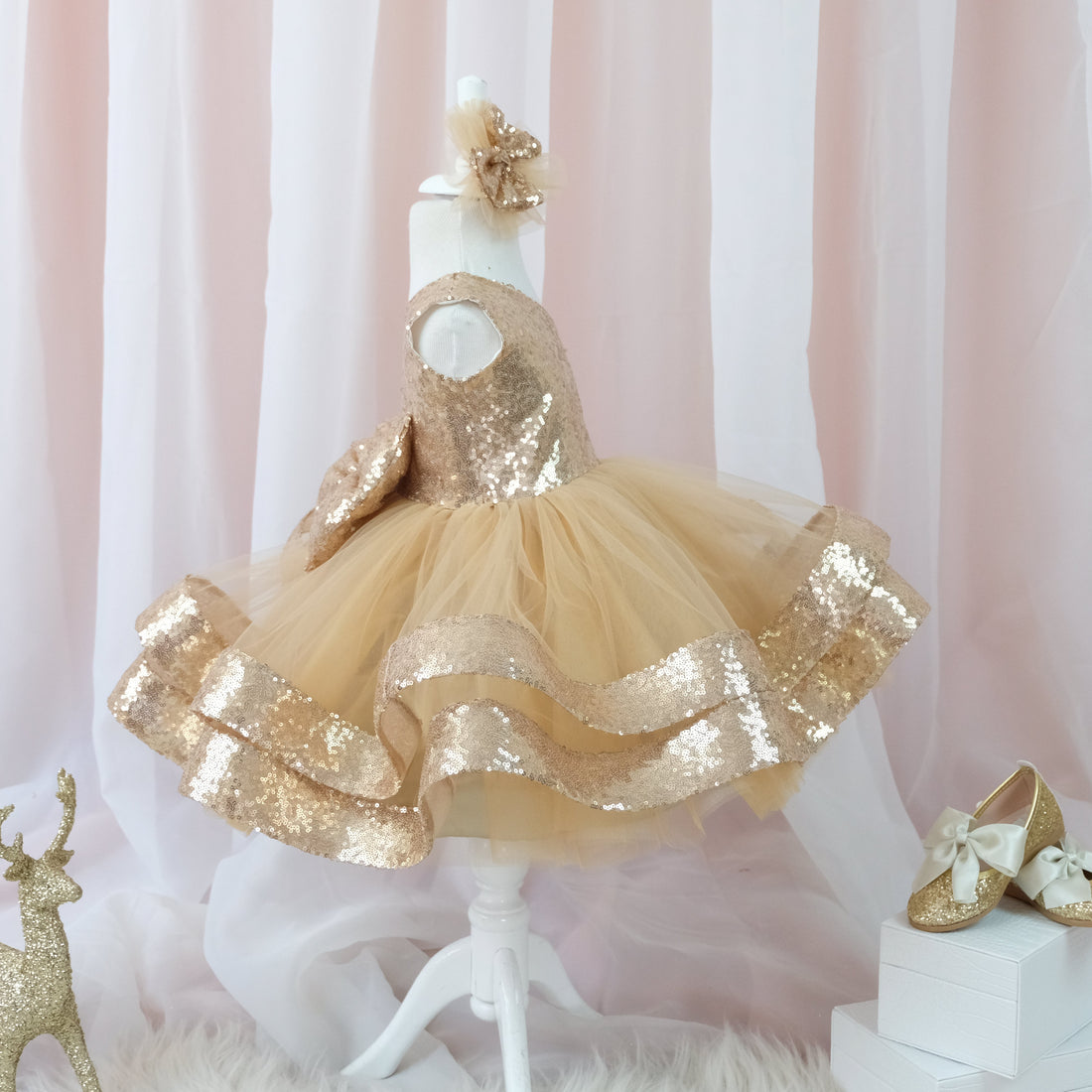 Maggy Christmas girl dress gold sequin Baby Girl Dress for Special Occasion