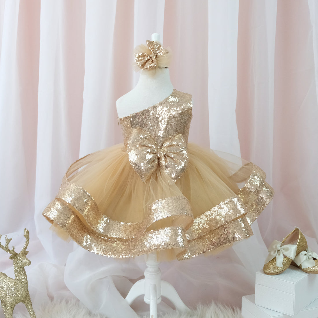 Maggy Christmas girl dress gold sequin Baby Girl Dress for Special Occasion