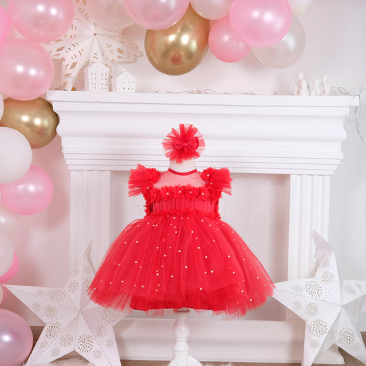 Red Butterfly girl dress crafted from cotton, tulle, and satin, perfect for special occasions and elegant events. Baby Girl Dress