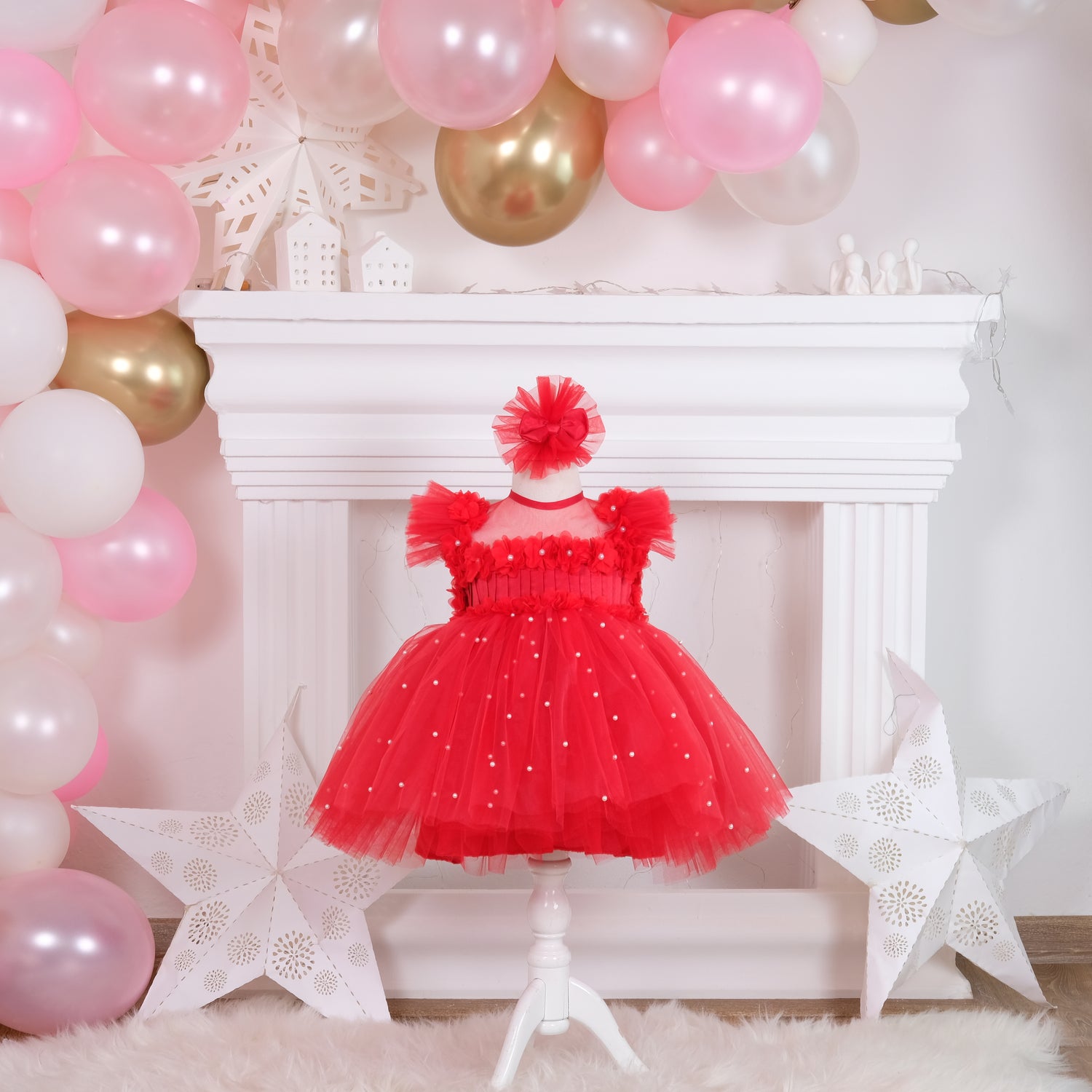 Charming red Butterfly dress for girls, made with cotton, tulle, and satin, ideal for formal events and celebrations. Baby Girl Dress