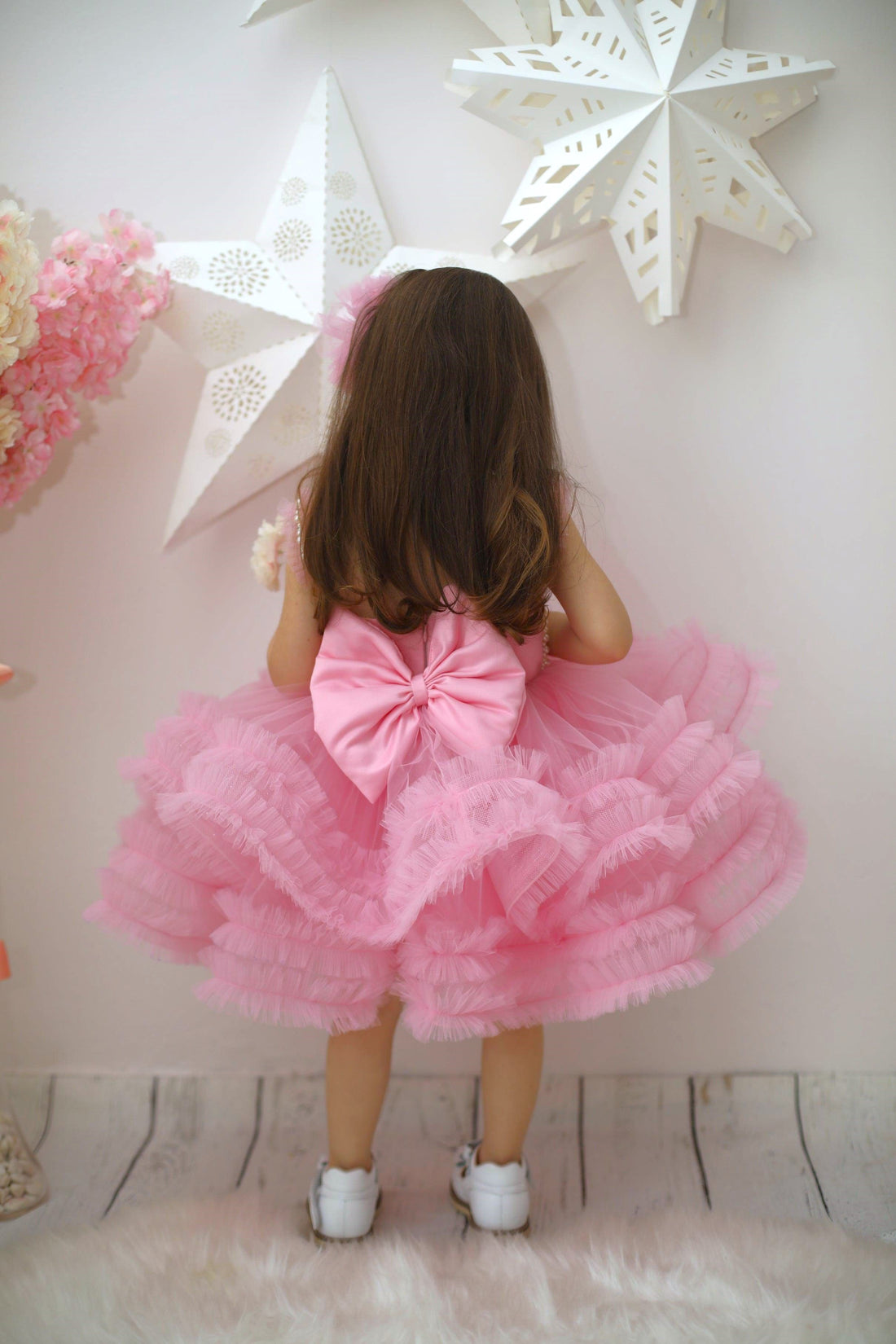 Elegant pink dress with ruffle details, crafted from cotton, tulle, satin, and embellished with pearls, ideal for formal events. Baby Girl Dress for Special Occasion