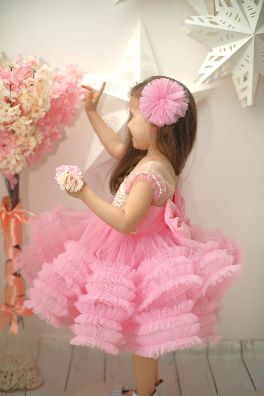 Elegant pink dress with ruffle details, crafted from cotton, tulle, satin, and embellished with pearls, ideal for formal events. Baby Girl Dress for Special Occasion