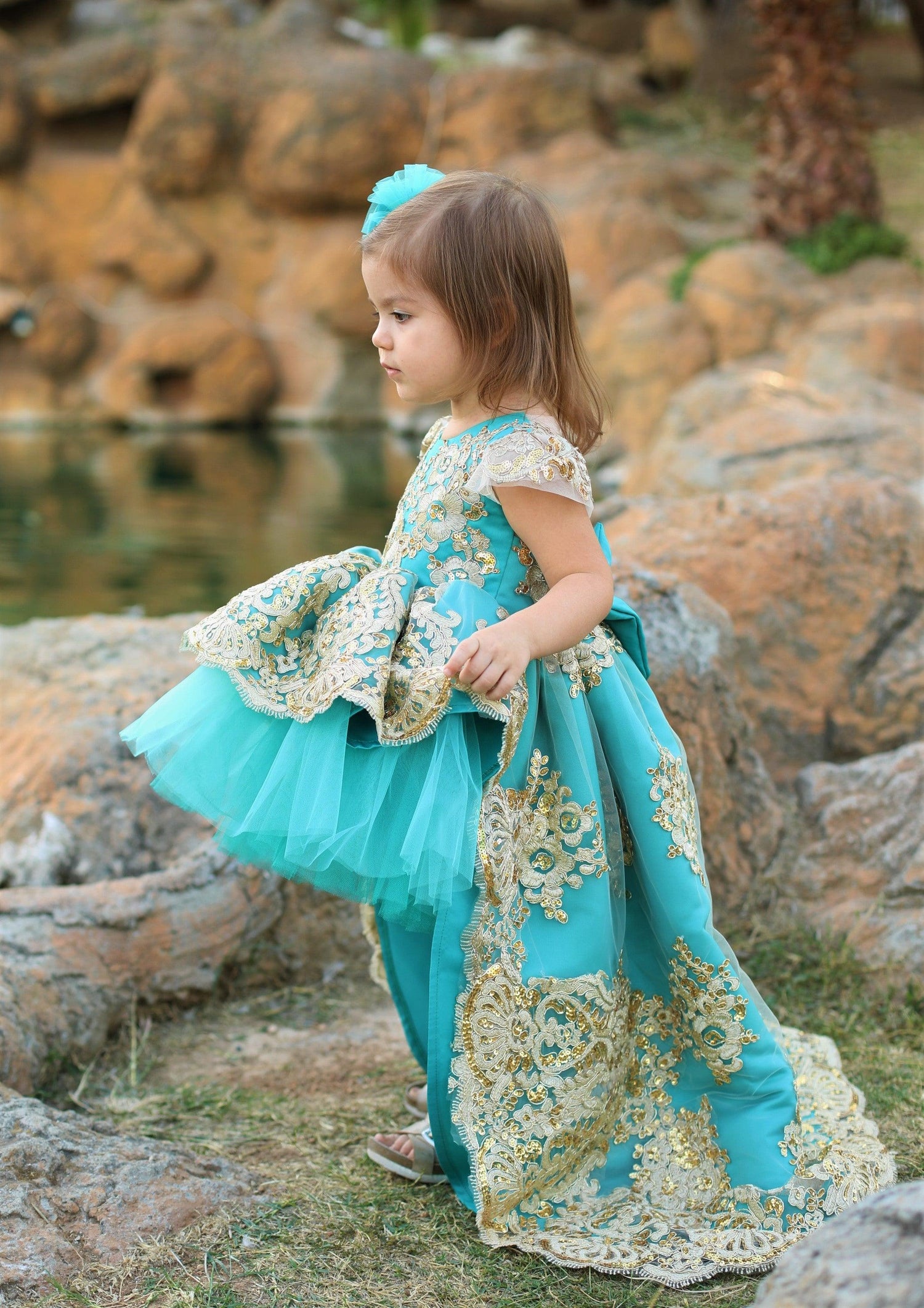 Princess Charlotte Girl Dress Teal Color Baby Girl Dress