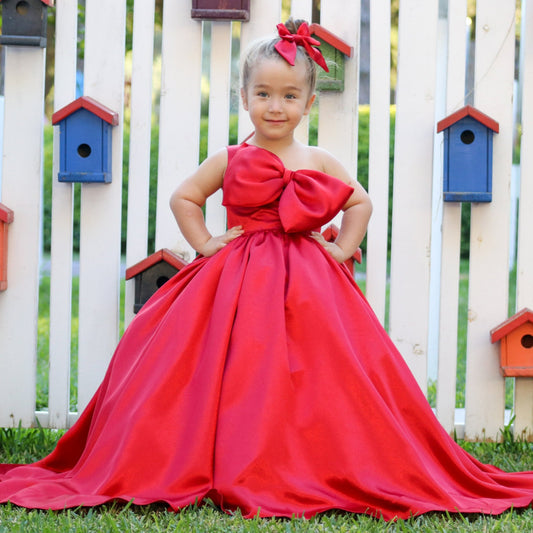 Holly Big Bow Satin Long Toddler Girl Dress for Christmas Baby Girl Dress