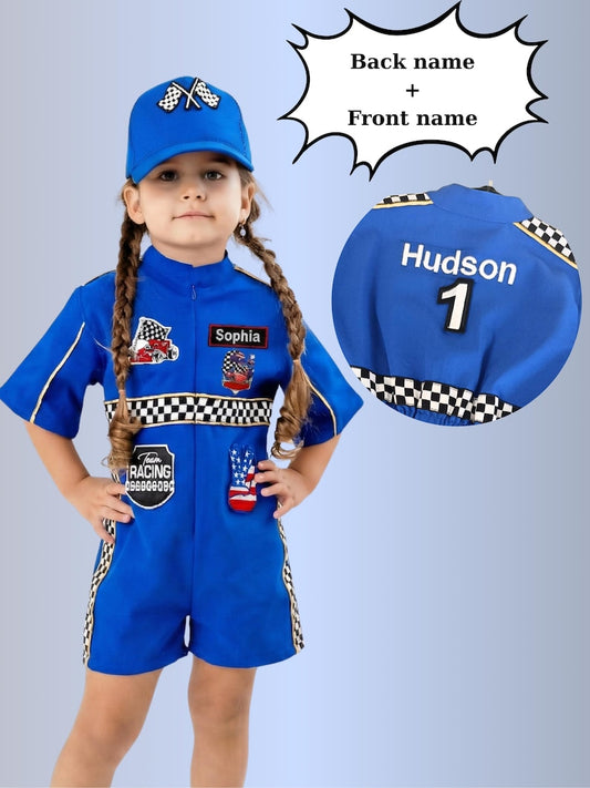 Kids Race Car Costume - Dark Blue Short Sleeve Racing Jumpsuit