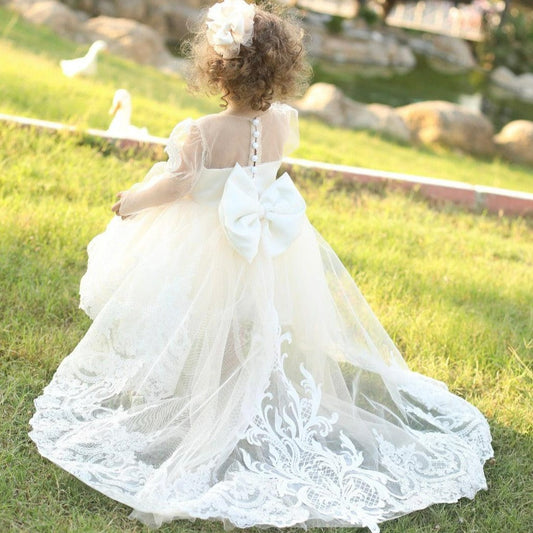 White long baptism and flower girl dress made from cotton, tulle, satin, and lace, perfect for special occasions like weddings and baptisms Baby Girl Dress