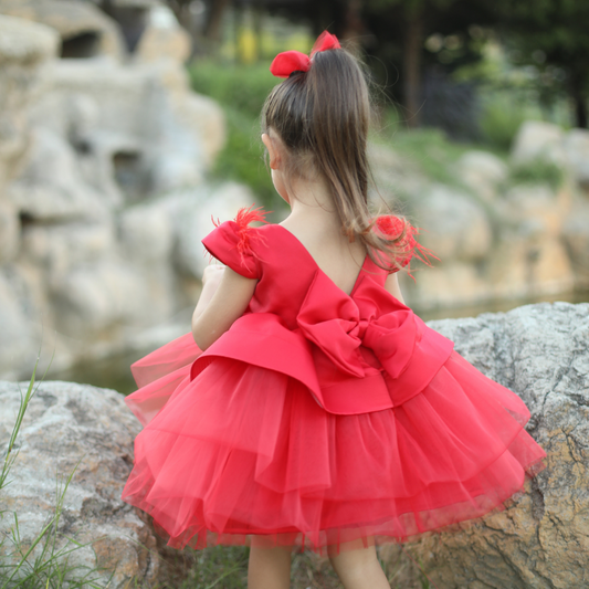 Elegant red flower girl dress made of cotton, tulle, and satin, perfect for weddings and special occasions. Baby Girl Dress