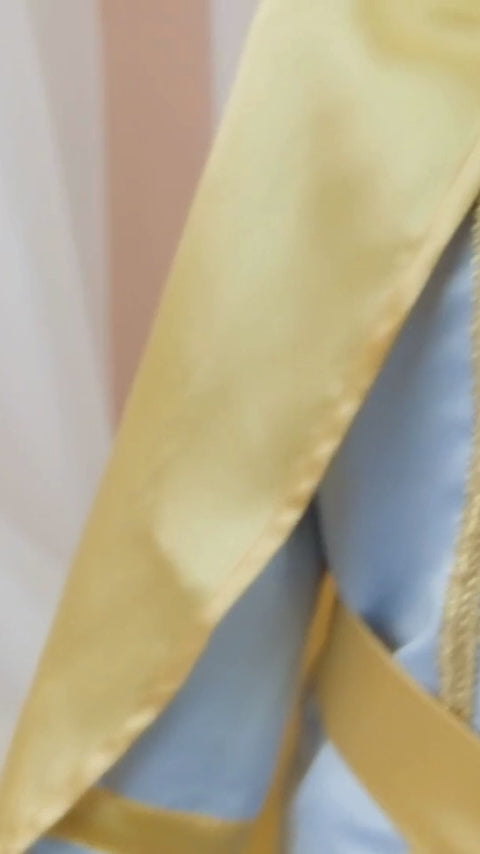 Prince Charming sky blue costume for boys, featuring a light blue jacket with gold detailing and matching pants. Ideal for costume parties or dress-up events, this outfit offers a classic fairytale look with a soft, elegant touch. Baby Girl Dress