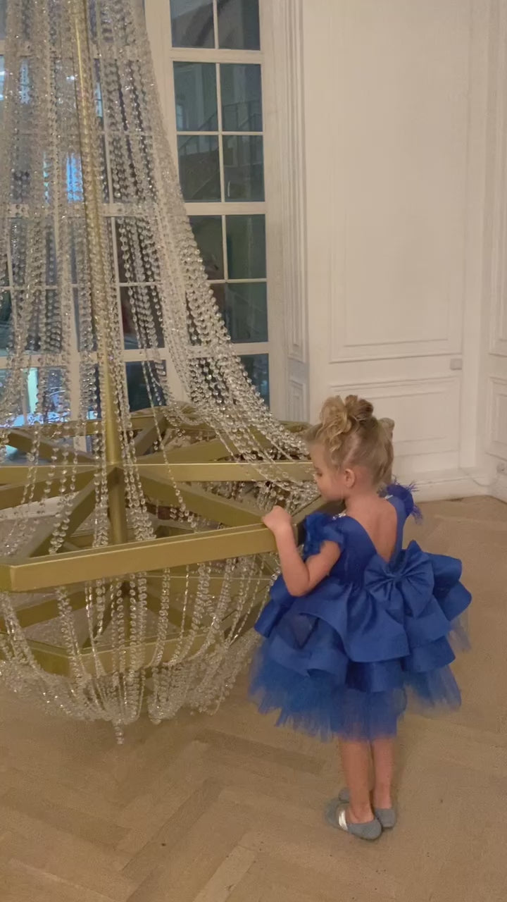 Elegant royal blue girl dress with cotton, tulle, and satin fabric, detailed with pearls, ideal for formal events. Baby Girl Dress