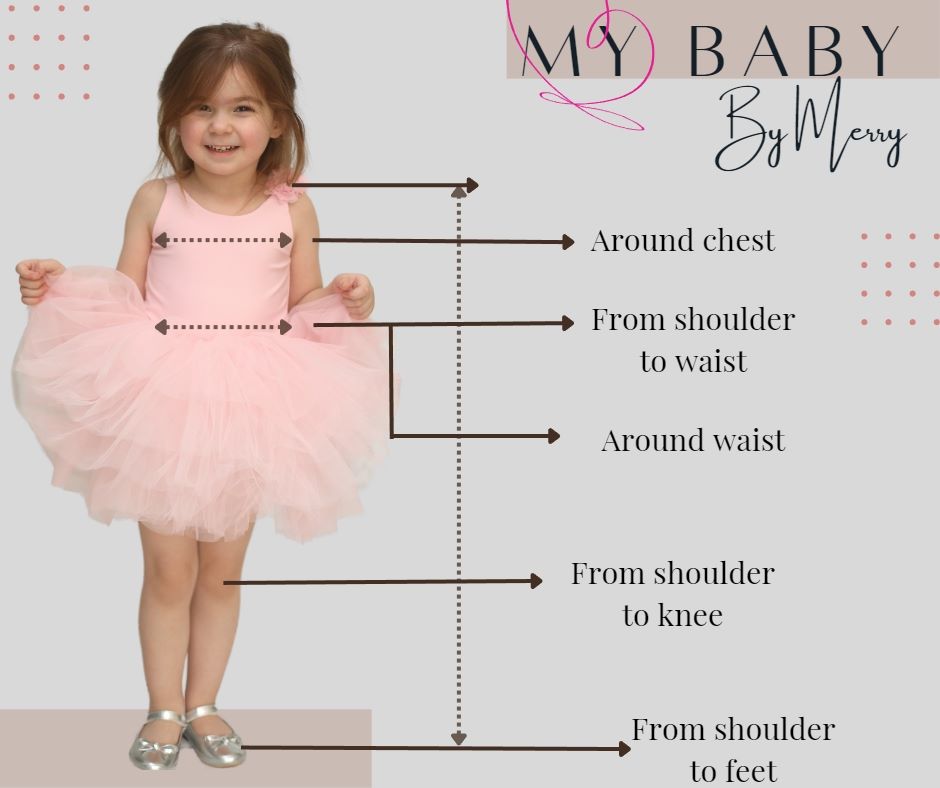 a little girl in a pink dress with her measurements Baby Girl Dress for Special Occasion