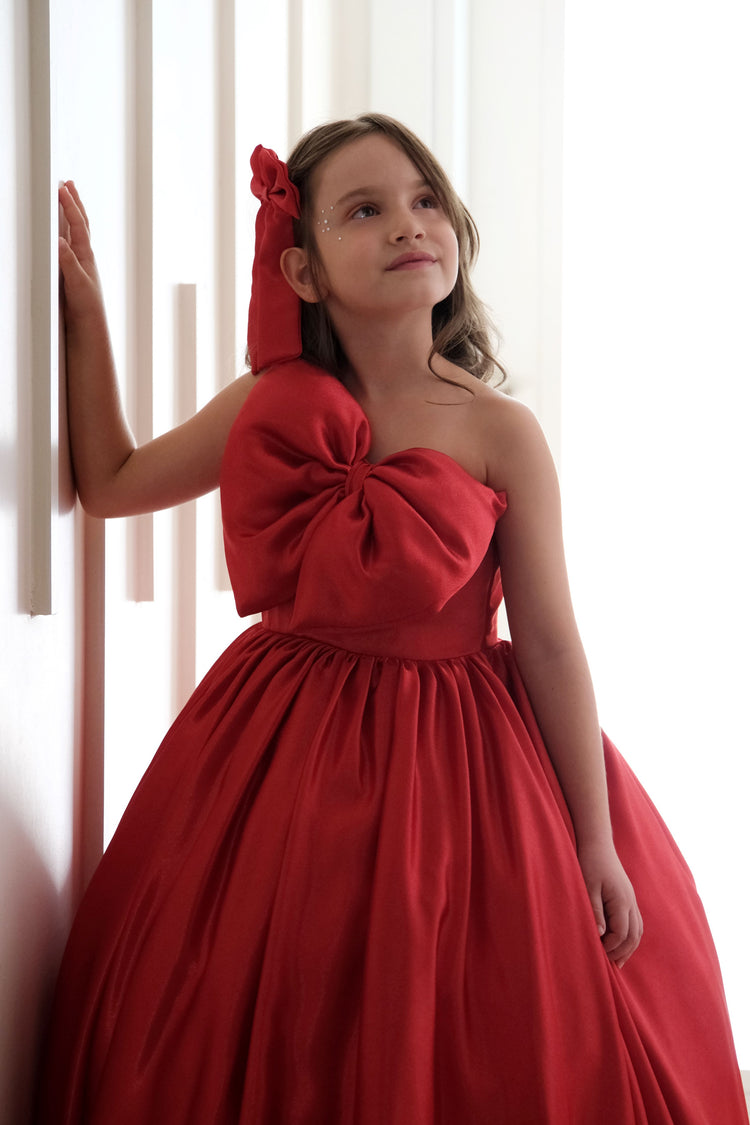 Red One Shoulder Satin Dress, Fluffy Red Ribbon Tulle Dress, Red Christmas Gown, Birthday Long Gown For Toddler, Sparkle Dress For Christmas