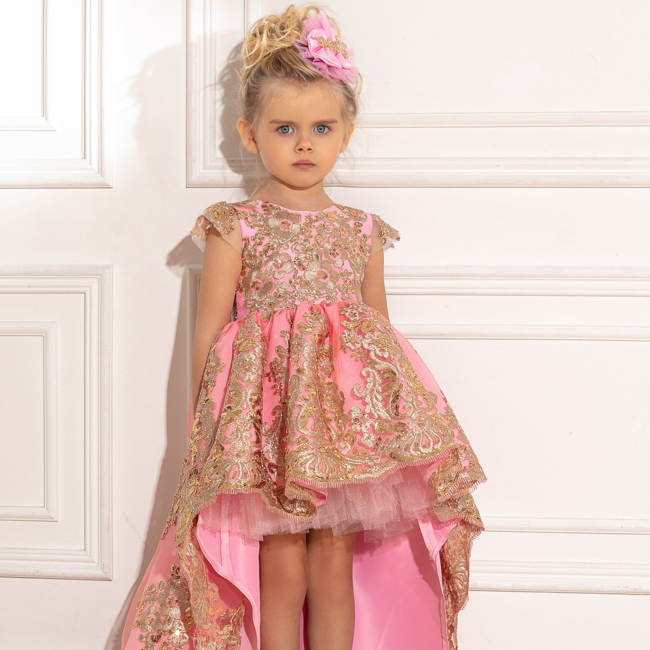 slim fit dress slacks NicoBlu® Aurelia Long Tunic Dress in Blush Pink and Gold Palm Embroidery main image 1