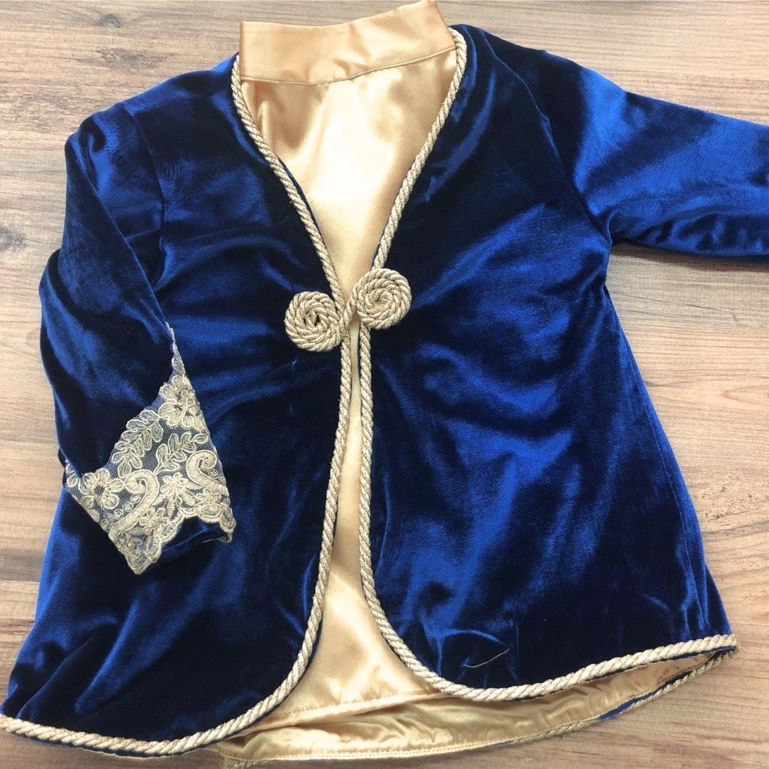 a blue velvet jacket with a gold trim Baby Girl Dress