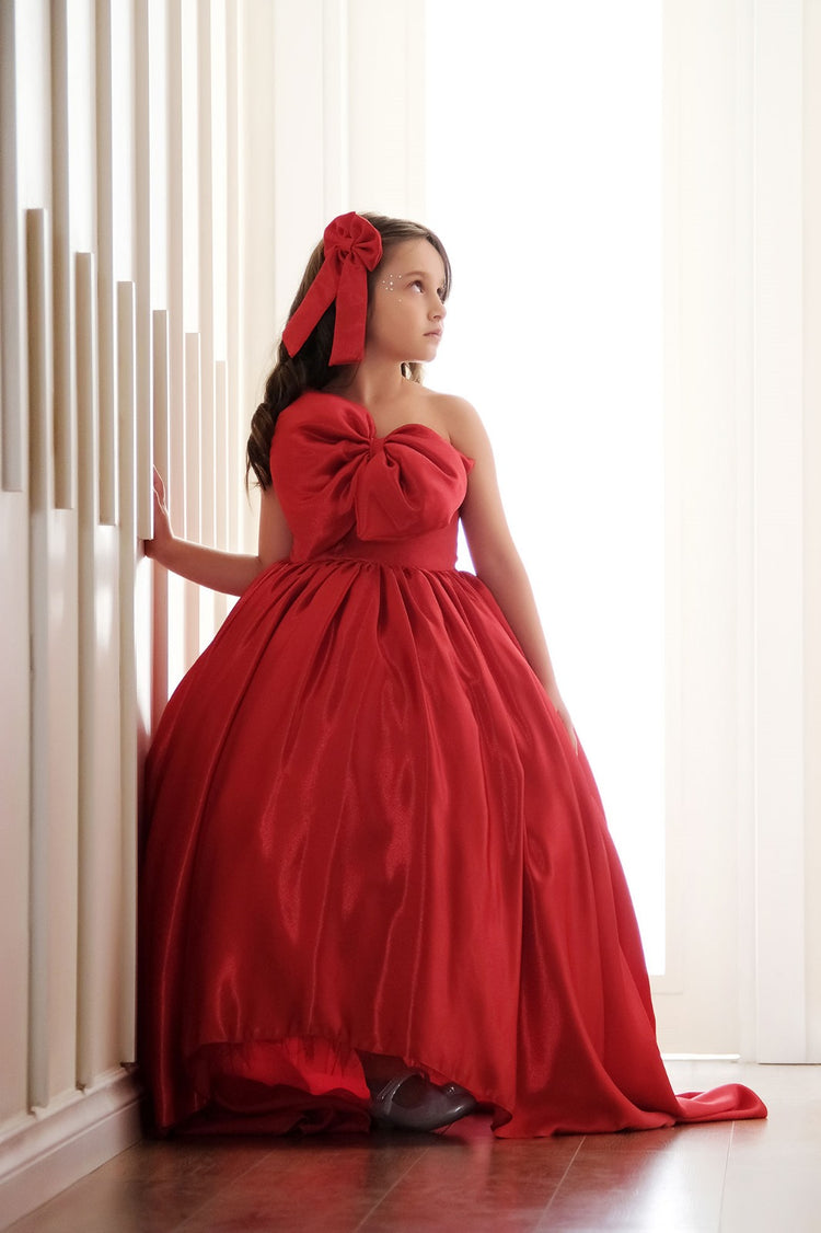 Red One Shoulder Satin Dress, Fluffy Red Ribbon Tulle Dress, Red Christmas Gown, Birthday Long Gown For Toddler, Sparkle Dress For Christmas