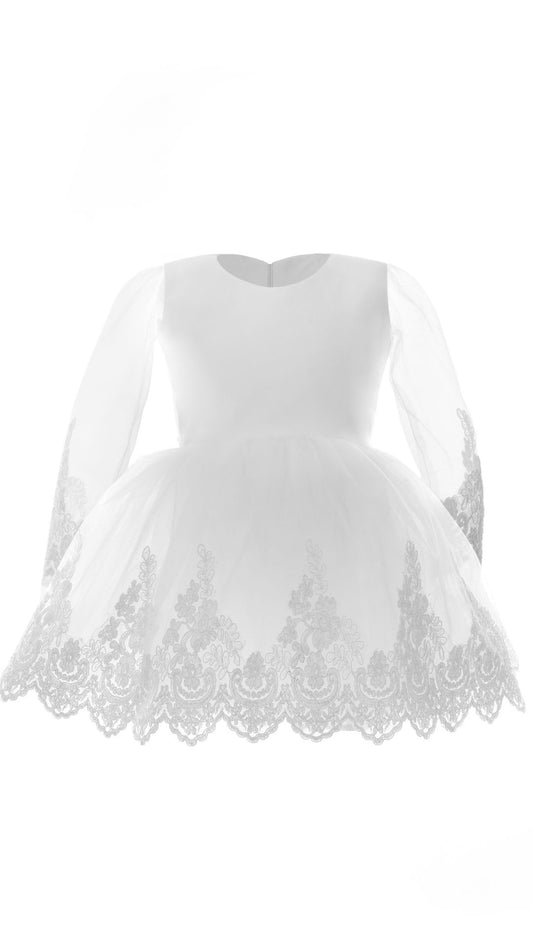 a white dress with a long sleeves and lace