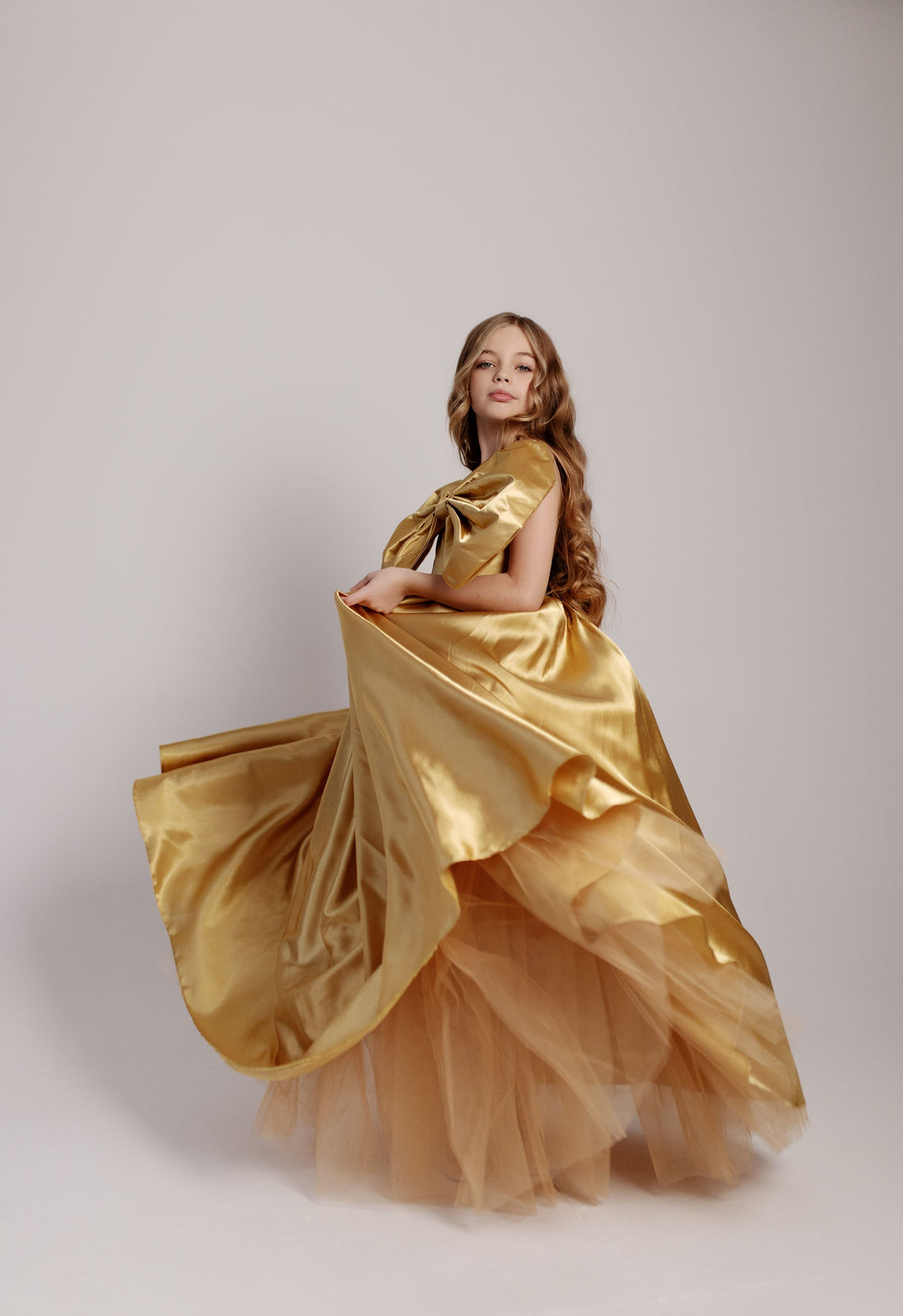 a woman in a gold dress posing for a picture Baby Girl Dress for Special Occasion