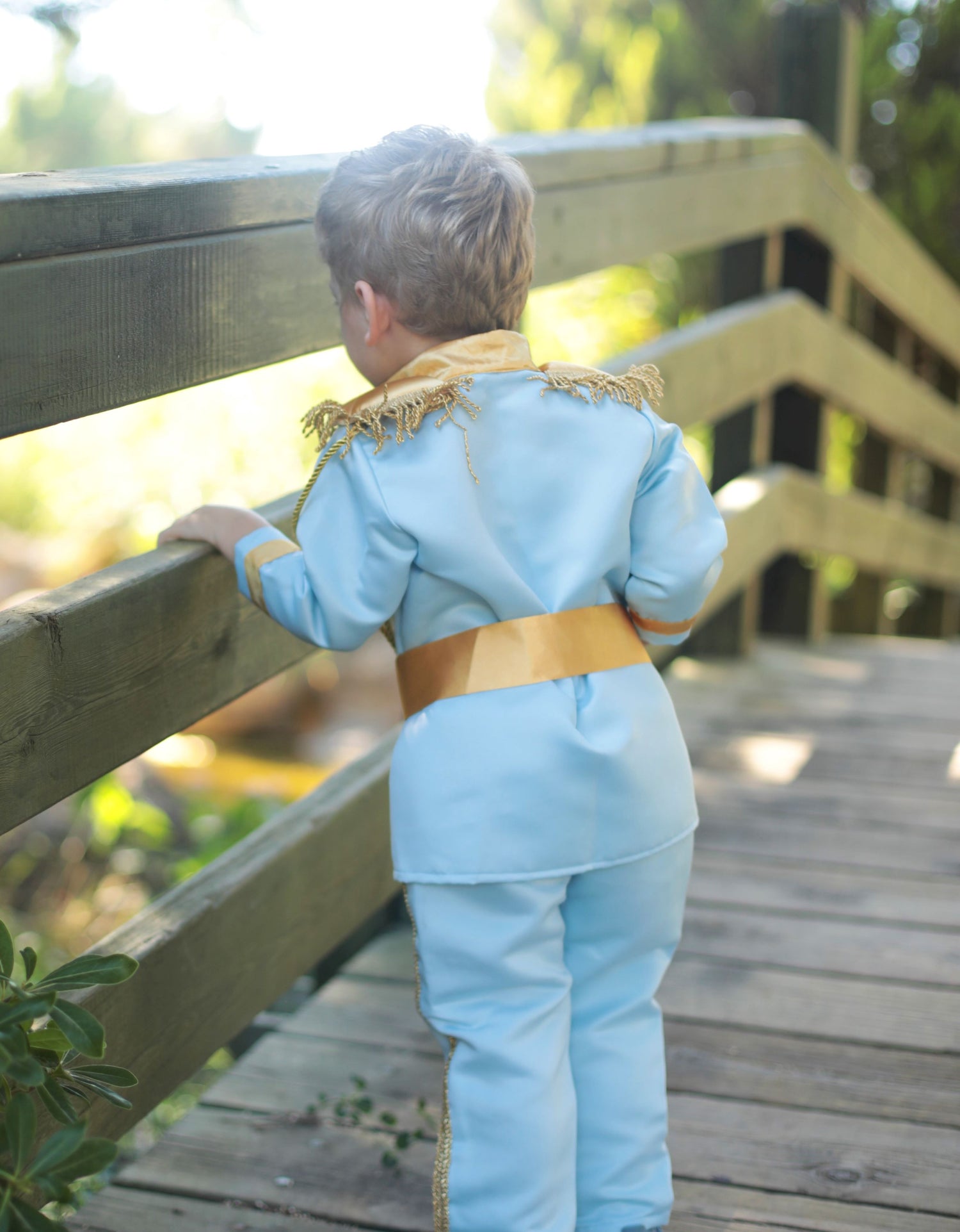 Prince Charming sky blue costume for boys, featuring a light blue jacket with gold detailing and matching pants. Ideal for costume parties or dress-up events, this outfit offers a classic fairytale look with a soft, elegant touch. Baby Girl Dress