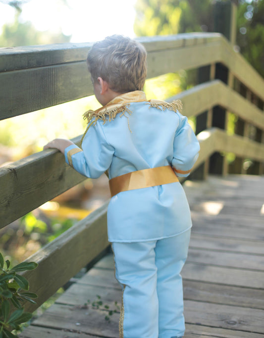 Prince Charming sky blue costume for boys, featuring a light blue jacket with gold detailing and matching pants. Ideal for costume parties or dress-up events, this outfit offers a classic fairytale look with a soft, elegant touch.