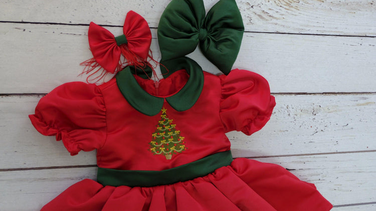 Baby Girl Christmas Dress, Baby Girl Christmas Red Clothes, Holiday Dress With Green tulle Dress Puffy Sleeve Girl clothing, New Year Dress