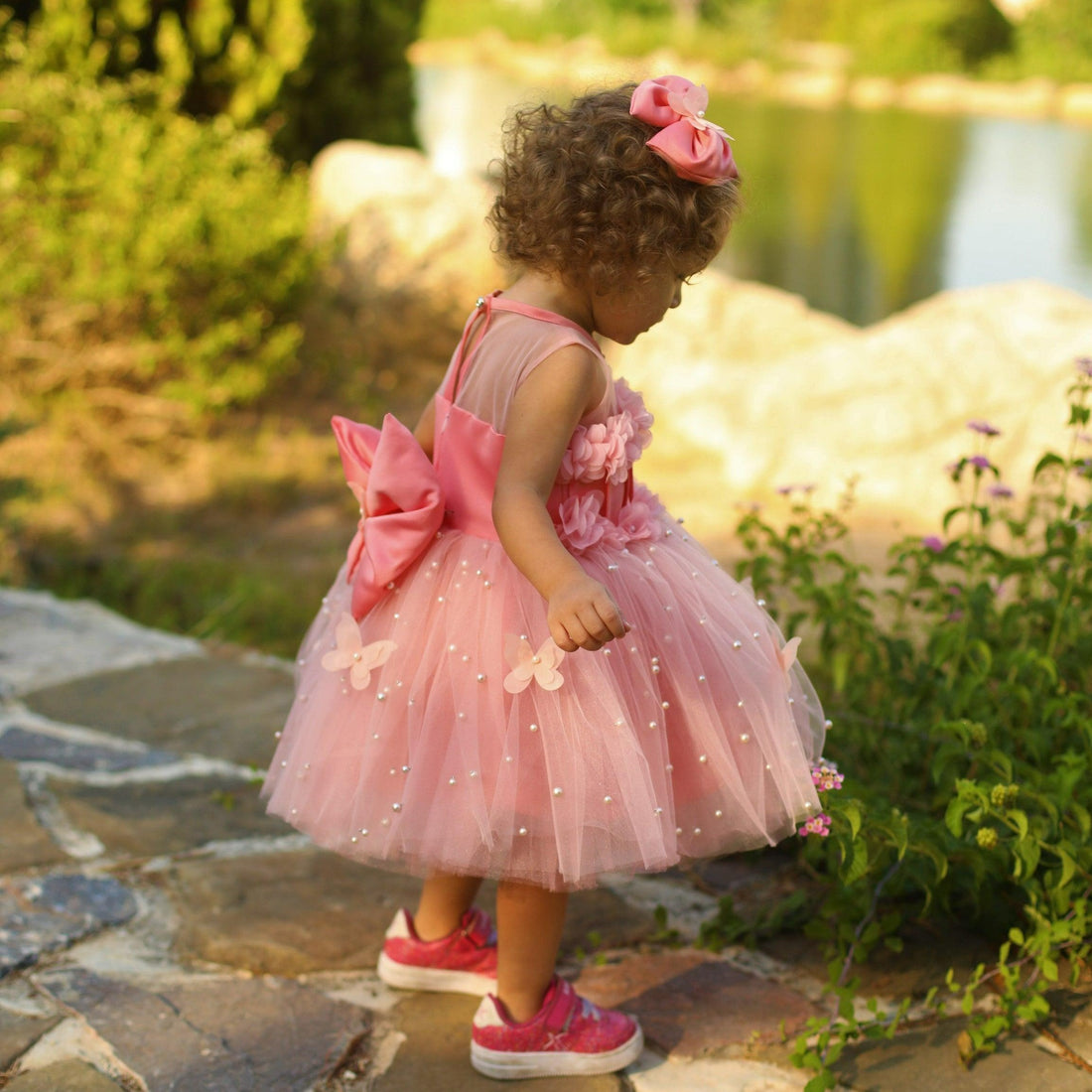 Blush Butterfly baby girl dress made from soft cotton, tulle, and satin. Features a delicate butterfly design, perfect for special occasions and stylish looks. Baby Girl Dress for Special Occasion