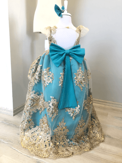 Princess Charlotte girl Dress teal color - MyBabyByMerry