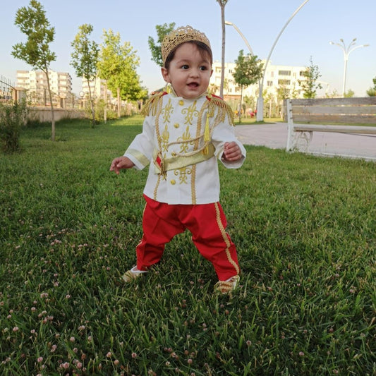 Royal-inspired prince red suit set for boys, featuring a tailored jacket with gold accents and matching trousers. Perfect for special occasions or themed events, this set adds a regal touch to any formal attire.