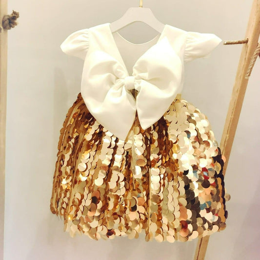 Gold Ariel girl dress with satin bodice and sequin skirt, perfect for special occasions. Baby Girl Dress