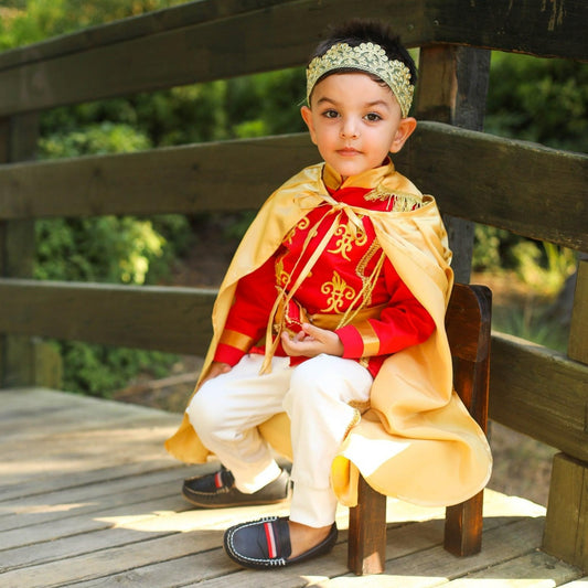Prince Charming red costume for boys, featuring a striking red jacket with gold accents and matching pants. Perfect for costume parties or themed events, this outfit embodies the classic fairytale prince look Baby Girl Dress