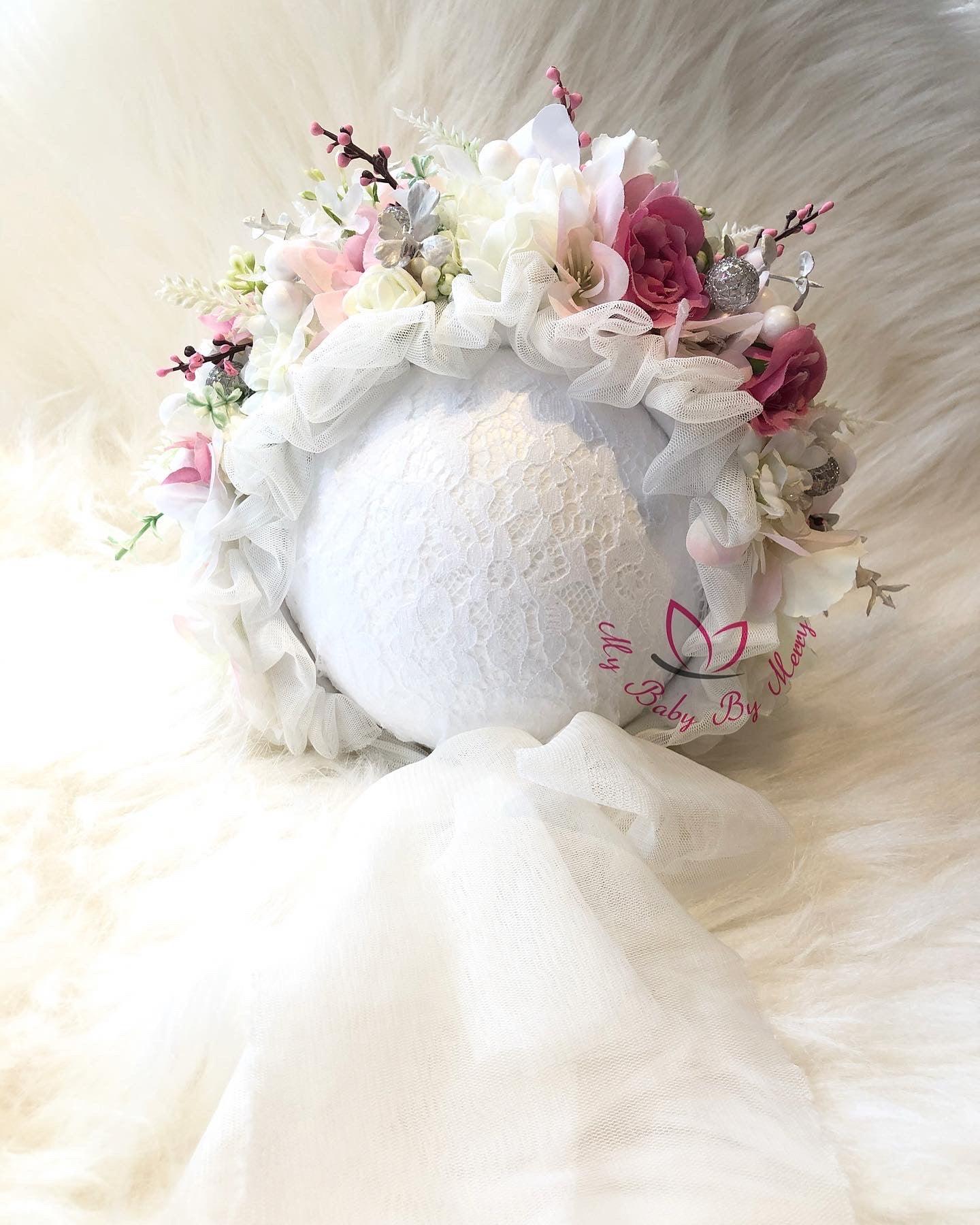 White Flower Bonnet  Baby Girl Dress