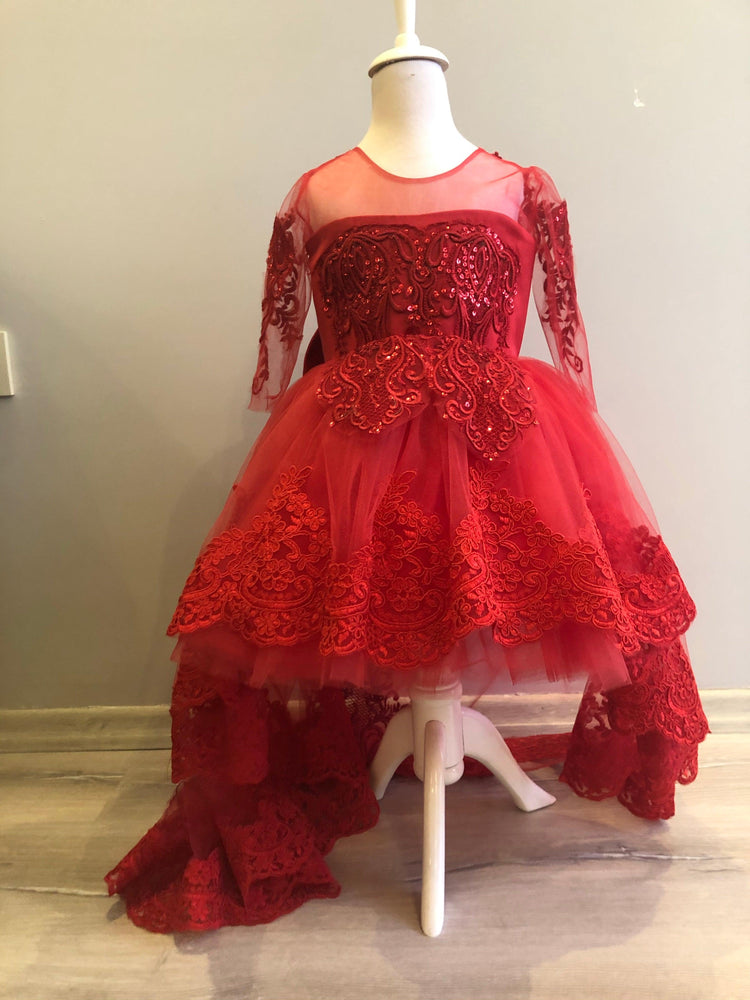 Red flower dress with lace tail - MyBabyByMerry