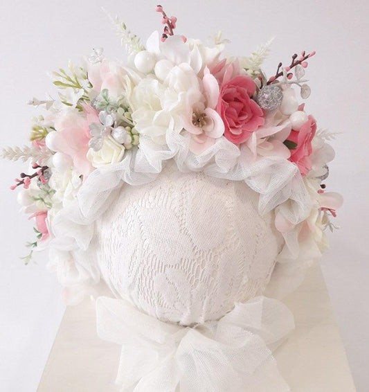 White Flower Bonnet  Baby Girl Dress