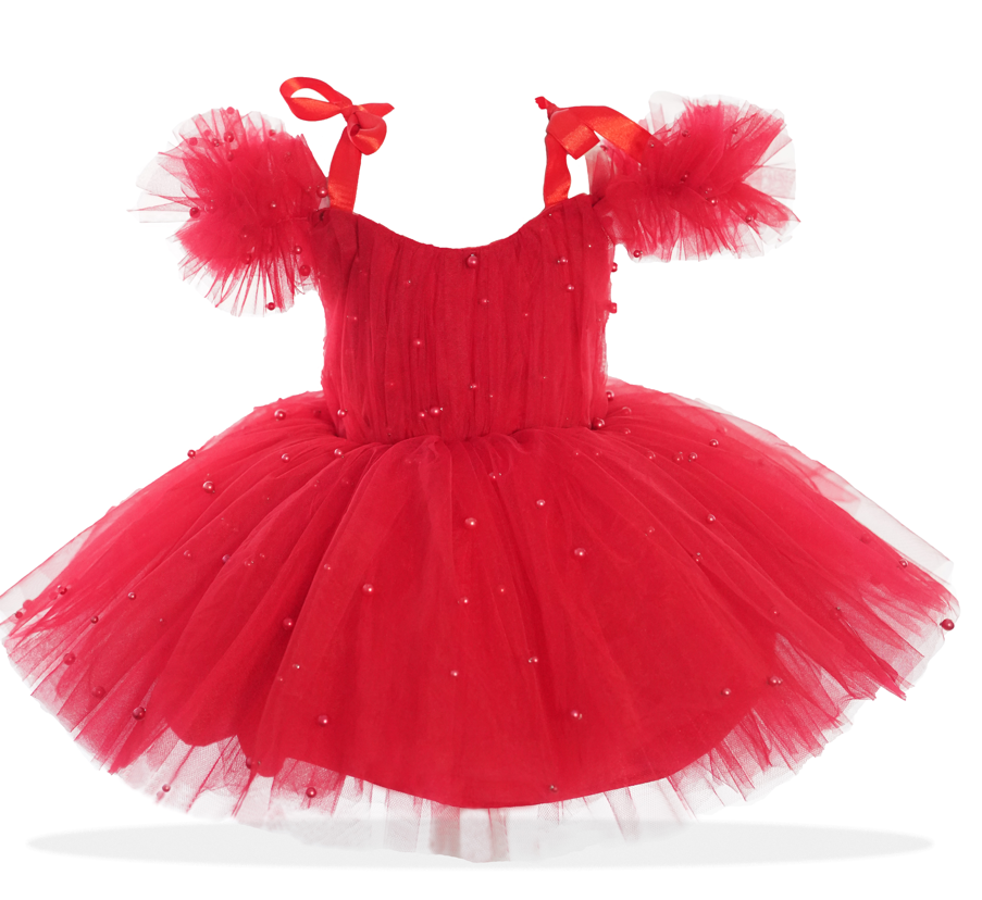 Mini off-shoulder red dress with pearl embellishments, a perfect Christmas party outfit for young girls. Baby Girl Dress