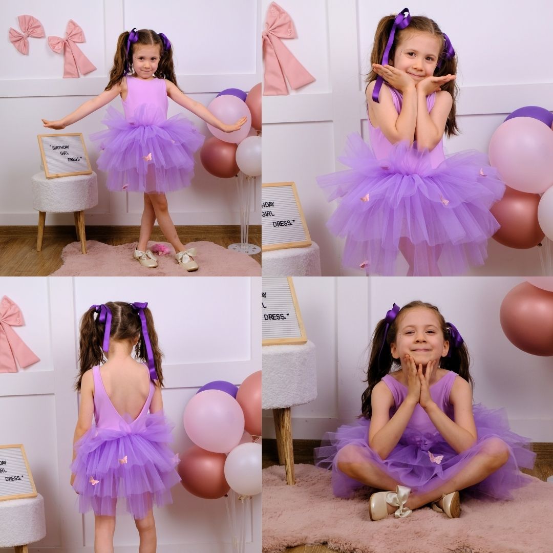 a collage of photos of a little girl wearing a purple dress