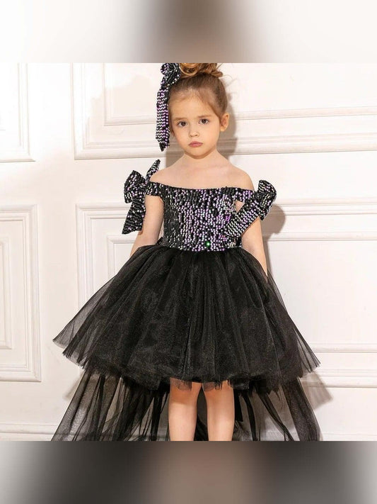 Luna black sequin girl dress high low
