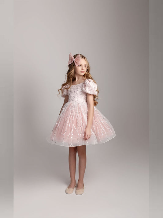 a little girl wearing a pink dress and a pink bow