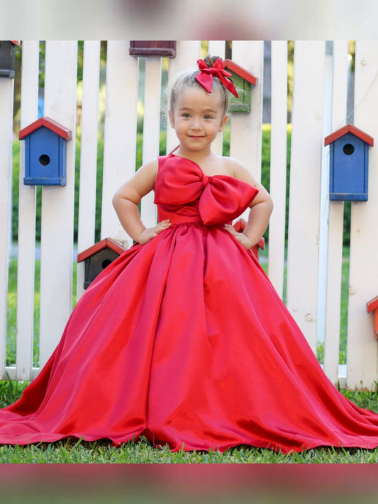 Holly Big Bow Satin Long Toddler Girl Dress for Christmas