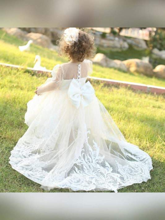 White long baptism and flower girl dress made from cotton, tulle, satin, and lace, perfect for special occasions like weddings and baptisms