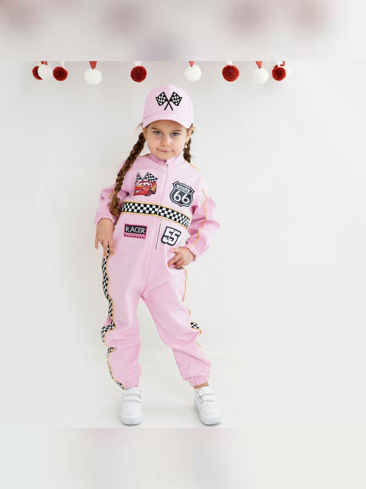 Kids Race Car Costume - Pink Long Sleeve Racing Jumpsuit