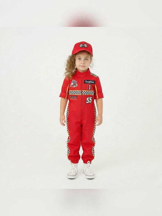 Kids Race Car Costume - Red Short Sleeve Racing Jumpsuit